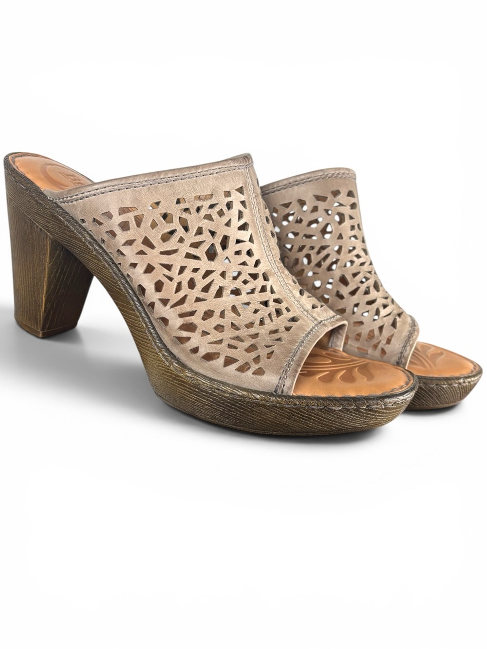 Born Neutral Taupe Leather Platform Mule Sandals Laser Cut Slides 11